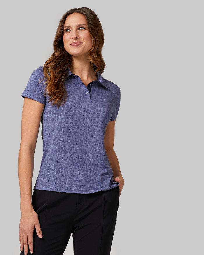 32 Degrees Bellwether Blue Heather _ Womens Cool Fitted Polo {model: Katie is 5'10" and size 4, wearing size S}{bottom}{right} {bottom}{right}