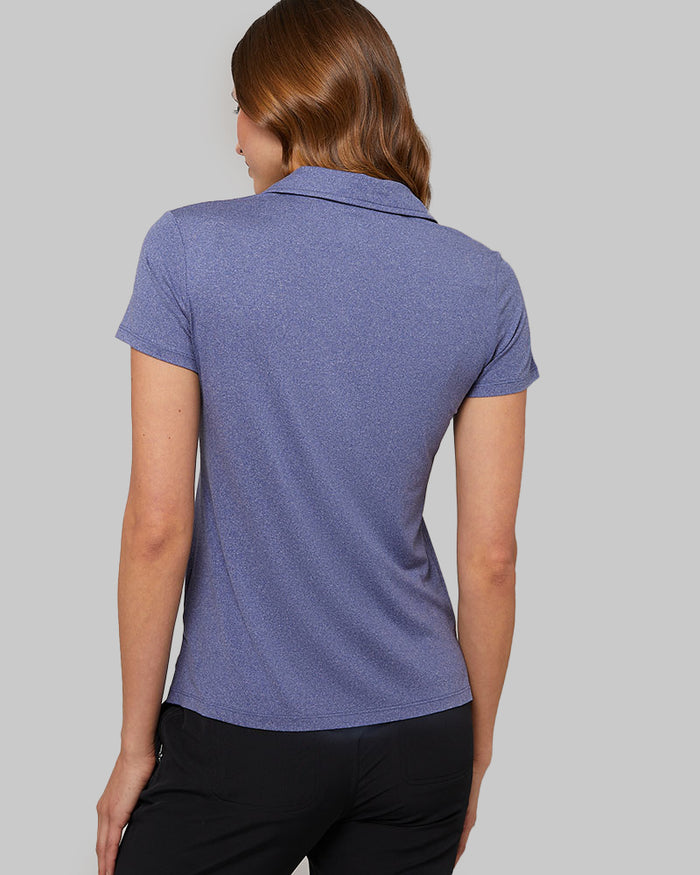 32 Degrees Bellwether Blue Heather _ Womens Cool Fitted Polo {model: Katie is 5'10" and size 4, wearing size S}{bottom}{right} {bottom}{right}
