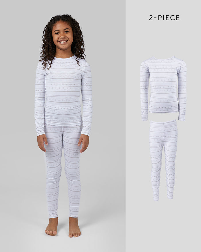 32 Degrees Christmas Tree White/Opal Gray Combo _ Unisex Kids 2Pc Lightweight Baselayer Set {model: Zoe is 50", and size 7, wearing size S}{bottom}{right} {bottom}{right}