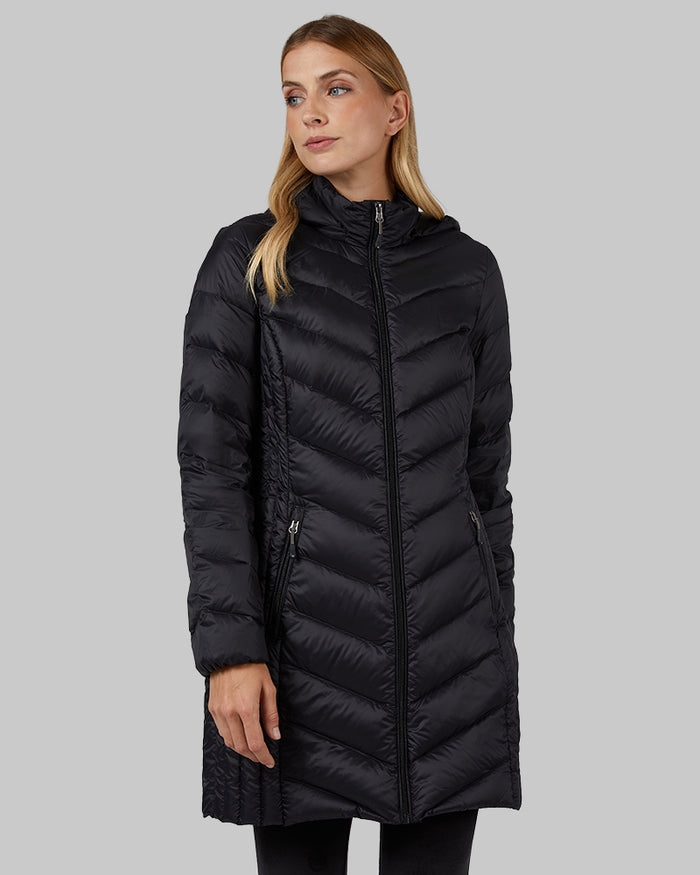 32 Degrees Black _ Women's Ultra-Light Down Packable 3/4 Jacket {model: Colby is 5'9", wearing size S}{bottom}{right} {bottom}{right}