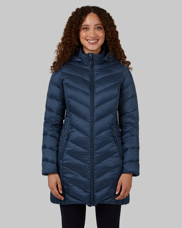 32 Degrees Moonlit Ocean _ Women's Ultra-Light Down Packable 3/4 Jacket {model: Renee is 5'9", wearing size S}{bottom}{right} {bottom}{right}