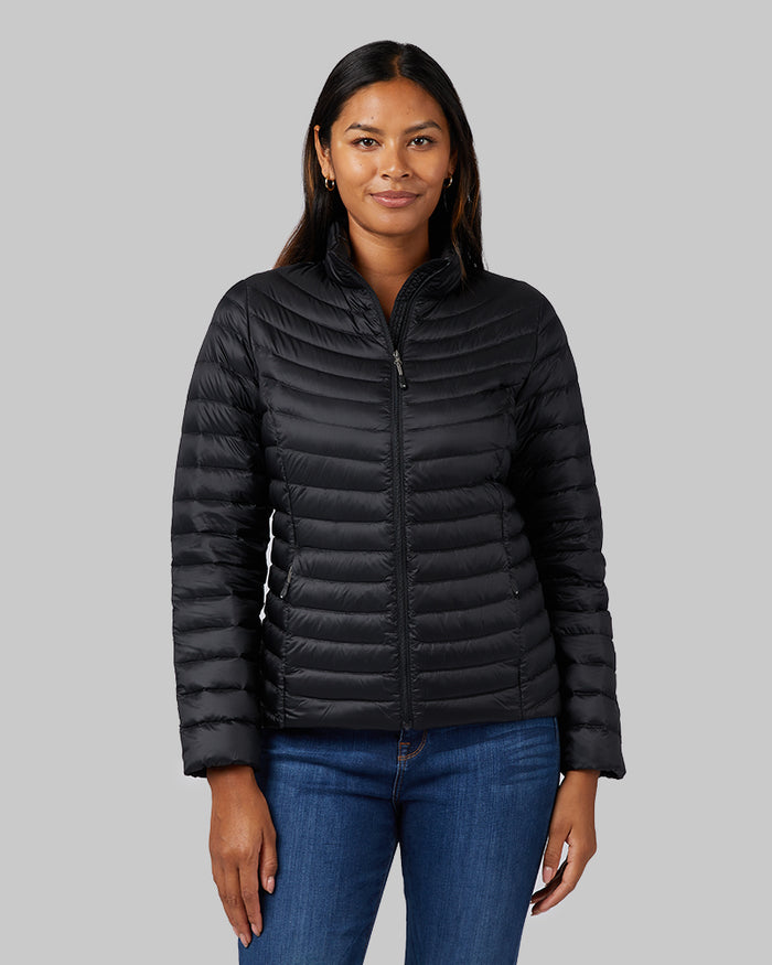 32 Degrees Black _ Women's Ultra-Light Down Packable Jacket {model: Victoria is 5'10", wearing size S}{bottom}{right} {bottom}{right}