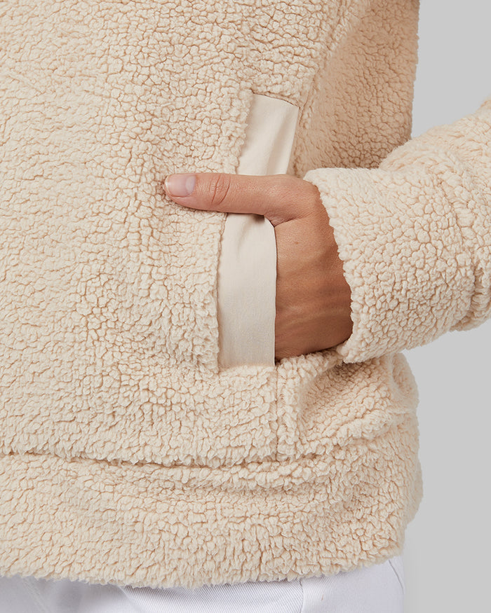 32 Degrees Smoke Tan _ Women's Teddy Sherpa Jacket {model: Colby is 5'9", wearing size S}{bottom}{right} {bottom}{right}