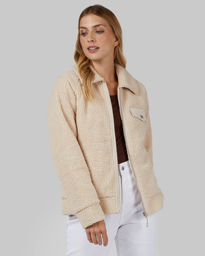 32 Degrees Smoke Tan _ Women's Teddy Sherpa Jacket {model: Colby is 5'9", wearing size S}{bottom}{right} {bottom}{right}