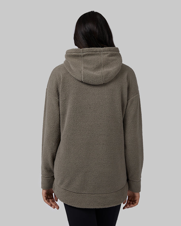 32 Degrees Fossil Green _ Women's shorthair sherpa Pullover Hoodie {model: Ria is 5'8"and size 4 wearing size S}{bottom}{right} {bottom}{right}
