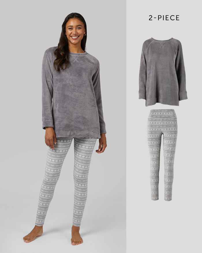 32 Degrees White Grey Fairisle _ Women's 2Pc Plush Sleep Set {model: Jess is 5'10", wearing size 4}{bottom}{right} {bottom}{right}