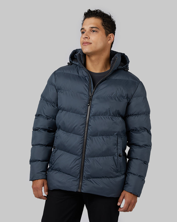 32 Degrees Slate _ Men's Microlux Heavy Poly-Fill Puffer Jacket {model: Markus is 6", wearing size M}{bottom}{right} {bottom}{right}