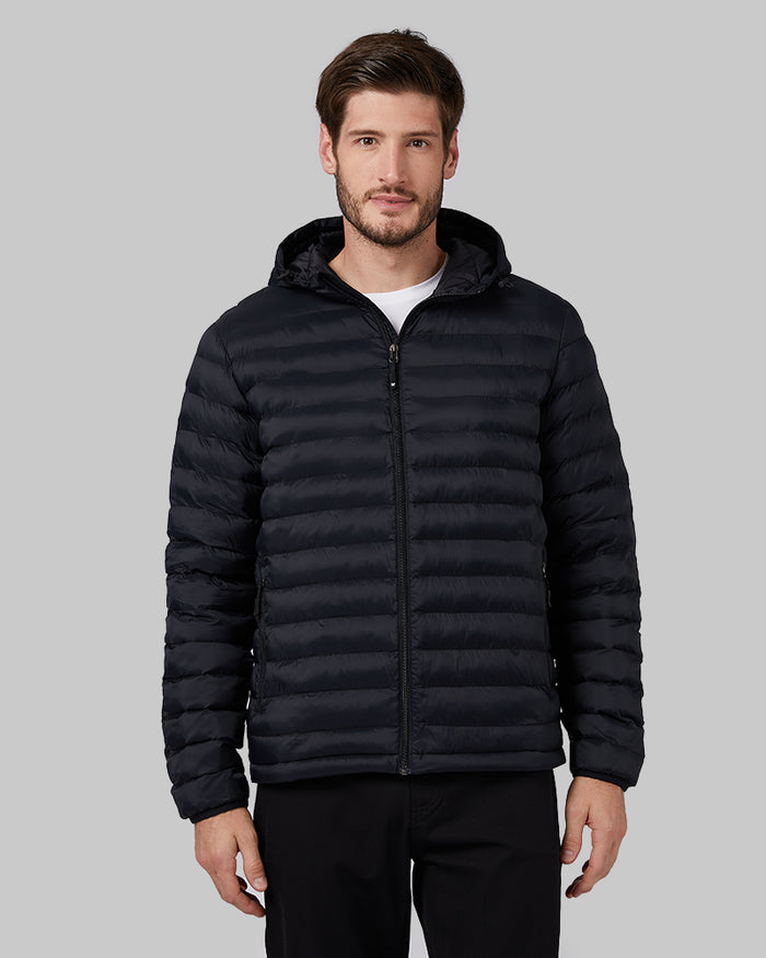 32 Degrees Black _ Men's Lightweight Recycled Poly-Fill Packable Jacket {model: Ryan is 6'1", wearing size M}{bottom}{right} {bottom}{right}