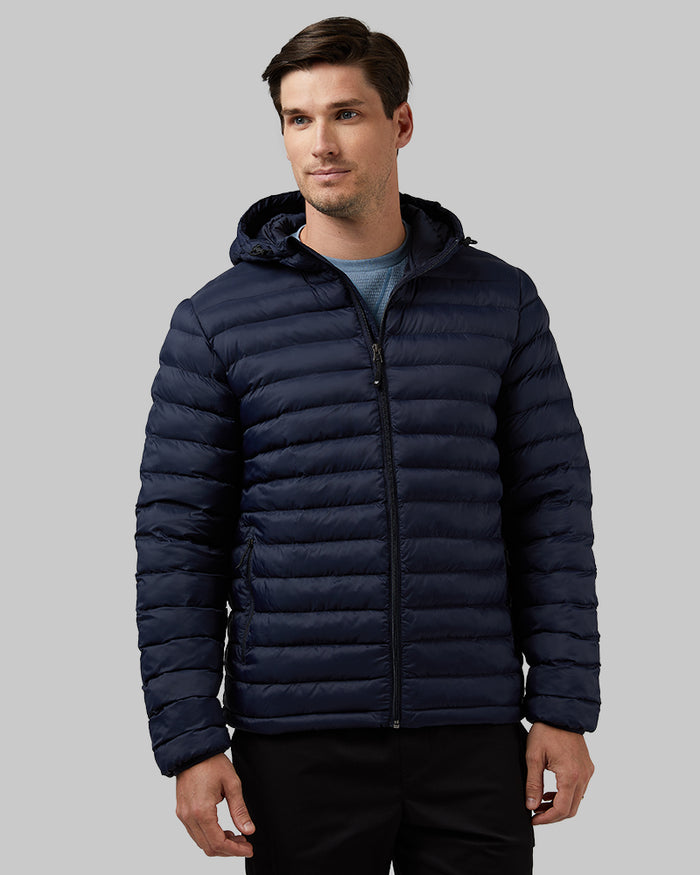 32 Degrees Stormy Night _ Men's Lightweight Recycled Poly-Fill Packable Jacket {model: Bobby is 6'1", wearing size M}{bottom}{right} {bottom}{right}