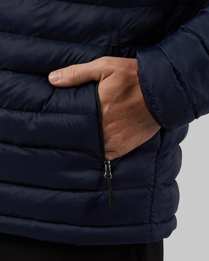 32 Degrees Stormy Night _ Men's Lightweight Recycled Poly-Fill Packable Jacket {model: Bobby is 6'1", wearing size M}{bottom}{right} {bottom}{right}