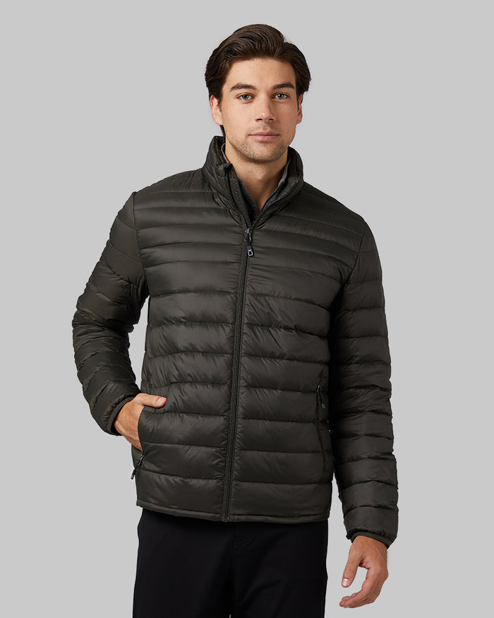 32 Degrees Army Green _ Men's Ultra-Light Down Packable Jacket {model: Zac is 6'3", wearing size M}{bottom}{right} {bottom}{right}