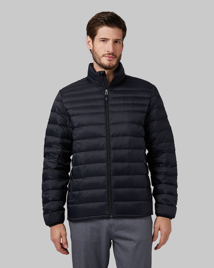 32 Degrees Black _ Men's Ultra-Light Down Packable Jacket {model: Ryan is 6'1", wearing size M}{bottom}{right} {bottom}{right}