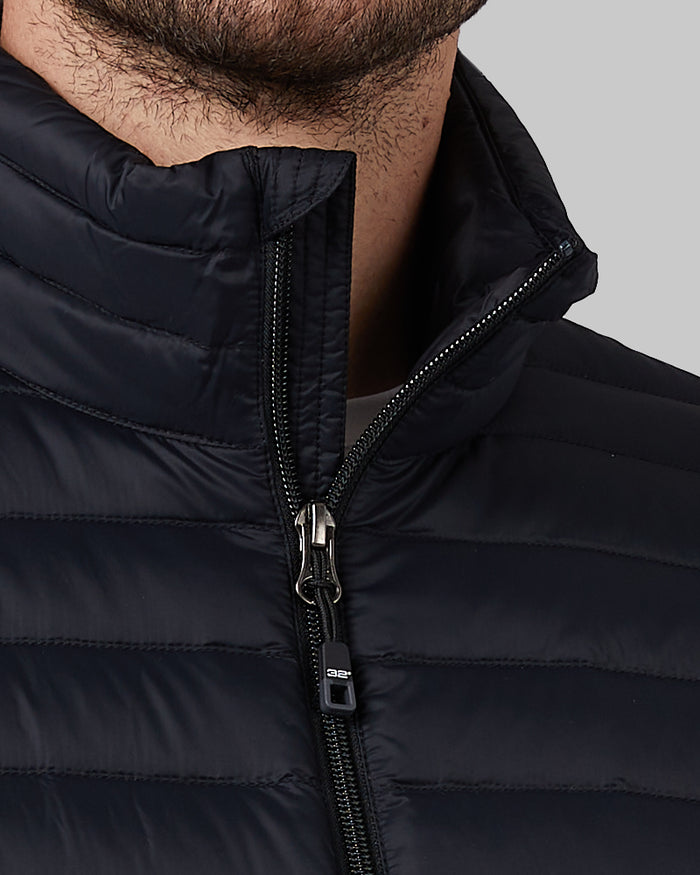 32 Degrees Black _ Men's Ultra-Light Down Packable Jacket {model: Ryan is 6'1", wearing size M}{bottom}{right} {bottom}{right}
