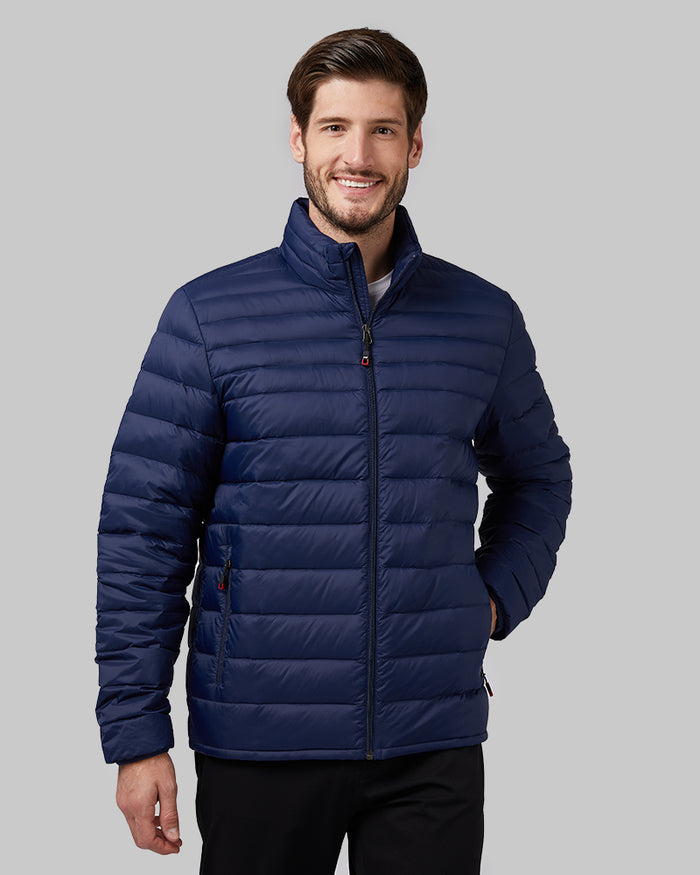 32 Degrees Dark Waves _ Men's Ultra-Light Down Packable Jacket {model: Ryan is 6'1", wearing size M}{bottom}{right} {bottom}{right}