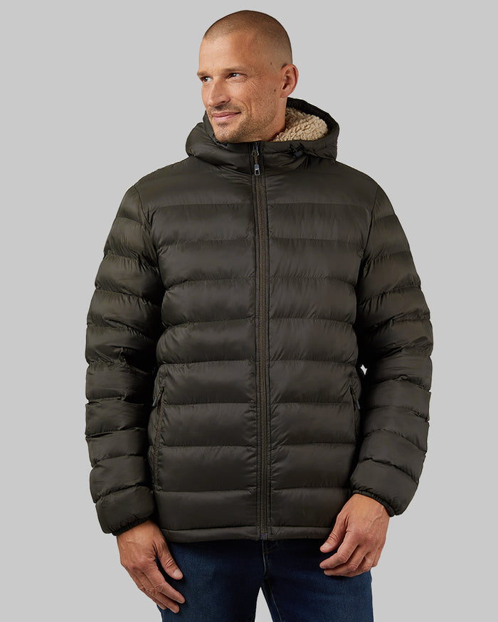 32 Degrees Army Green _ Men's Hooded Sherpa-Lined Jacket {model: Dennis is 6'1", wearing size M}{bottom}{right} {bottom}{right}