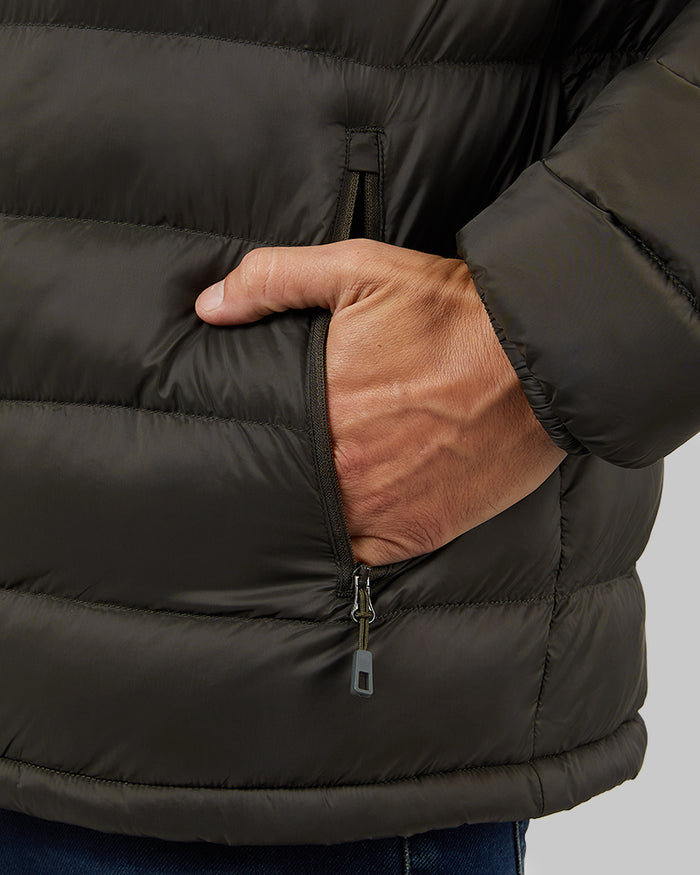 32 Degrees Army Green _ Men's Hooded Sherpa-Lined Jacket {model: Dennis is 6'1", wearing size M}{bottom}{right} {bottom}{right}