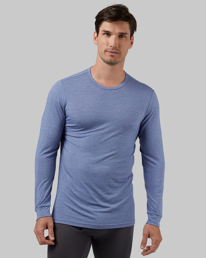 32 Degrees Colony Blue Heather _ Men's Lightweight Baselayer Crew Top {model: Bobby is 6'1", wearing size M}{bottom}{right} {bottom}{right}