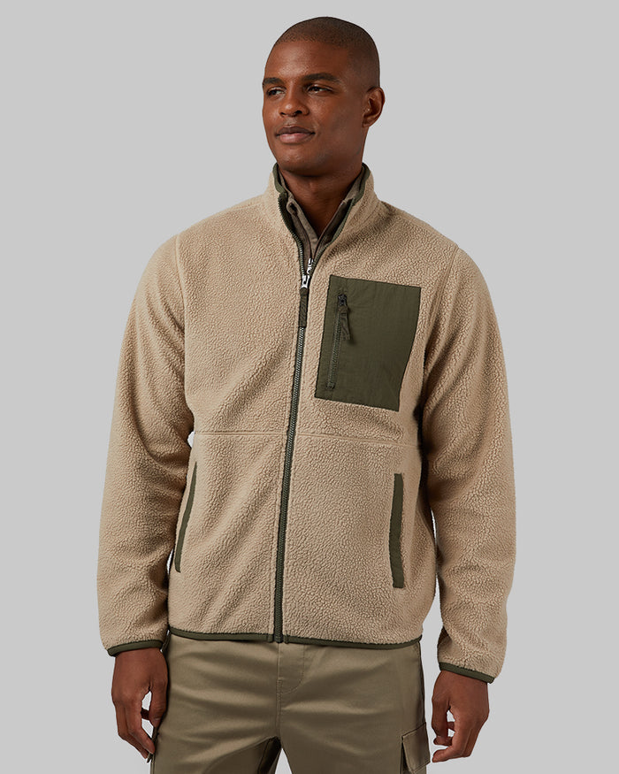 32 Degrees Khaki _ Men's Outdoor Sherpa Full Zip Jacket {model: Isaiah is 6'2", wearing size M}{bottom}{right} {bottom}{right}