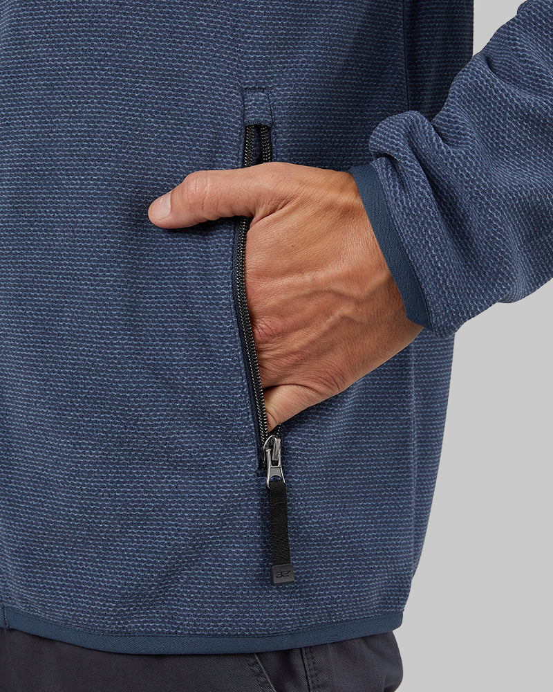32 Degrees Nile Blue Heather _ Men's Comfort Fleece Full-Zip Jacket {model: Dennis is 6'1", wearing size M}{bottom}{right} {bottom}{right}