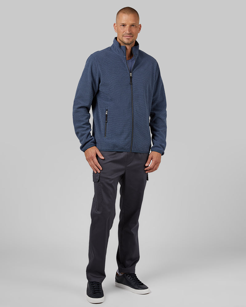 32 Degrees Nile Blue Heather _ Men's Comfort Fleece Full-Zip Jacket {model: Dennis is 6'1", wearing size M}{bottom}{right} {bottom}{right}