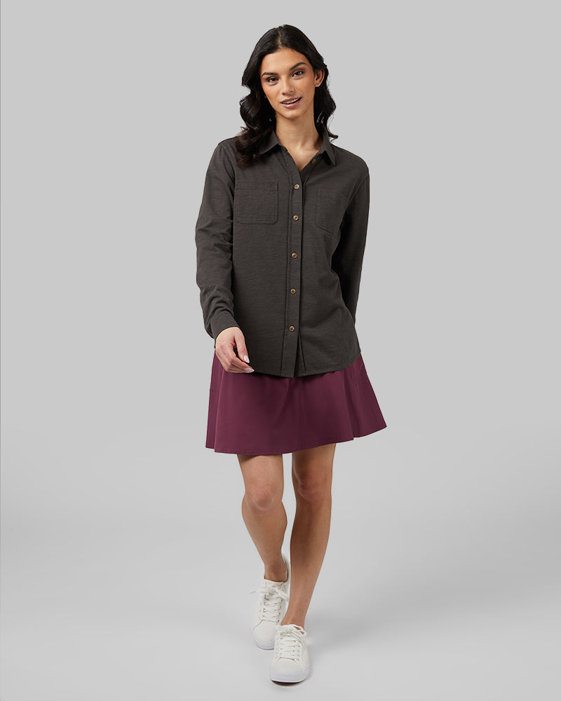 32 Degrees Charcoal _ Womens Soft Wash Knit Long Sleeve Button-Up {model: Rowena is 5