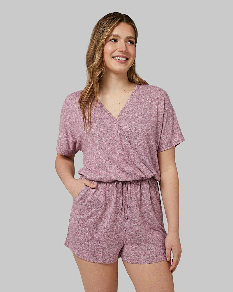 32 Degrees Damson Heather _ Womens Soft Comfy Romper {model: Blaise is 5'7" and size 6, wearing size S}{bottom}{right} {bottom}{right}