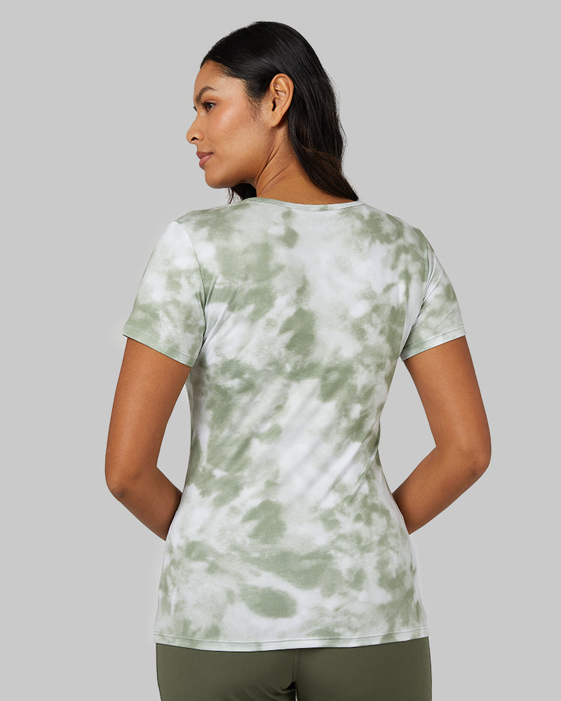 32 Degrees Oil Green Tie Dye _ Womens Cool Printed Fitted T-Shirt {model: Victoria is 5
