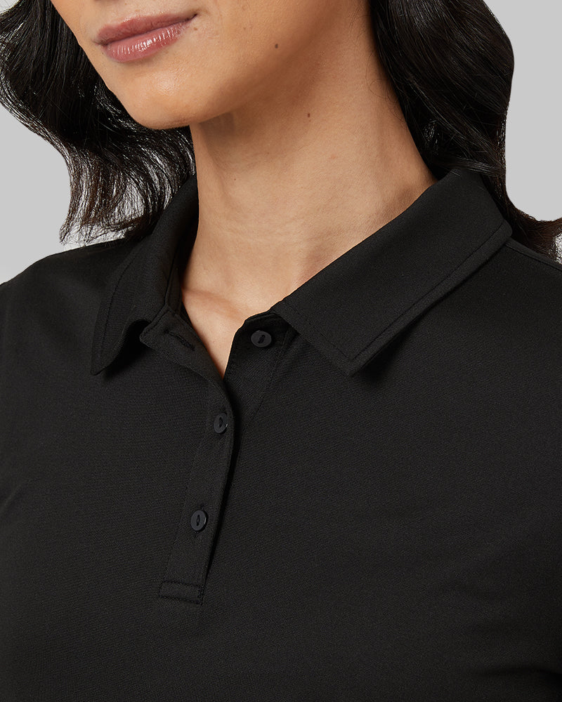 32 Degrees Black _ Womens Cool Fitted Polo {model: Rowena is 5
