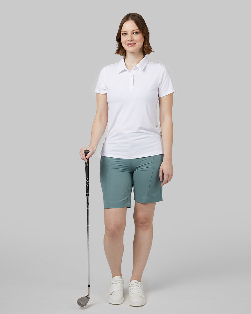32 Degrees White _ Womens Cool Fitted Polo {model: Julie is 5