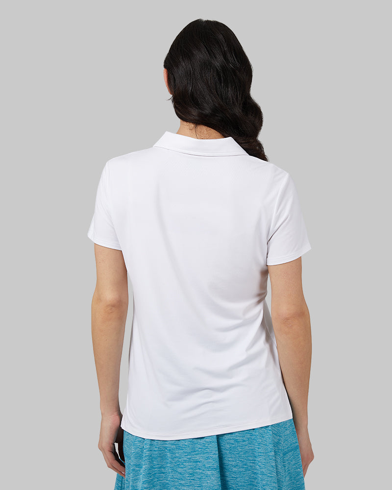 32 Degrees White _ Womens Cool Fitted Polo {model: Rowena is 5