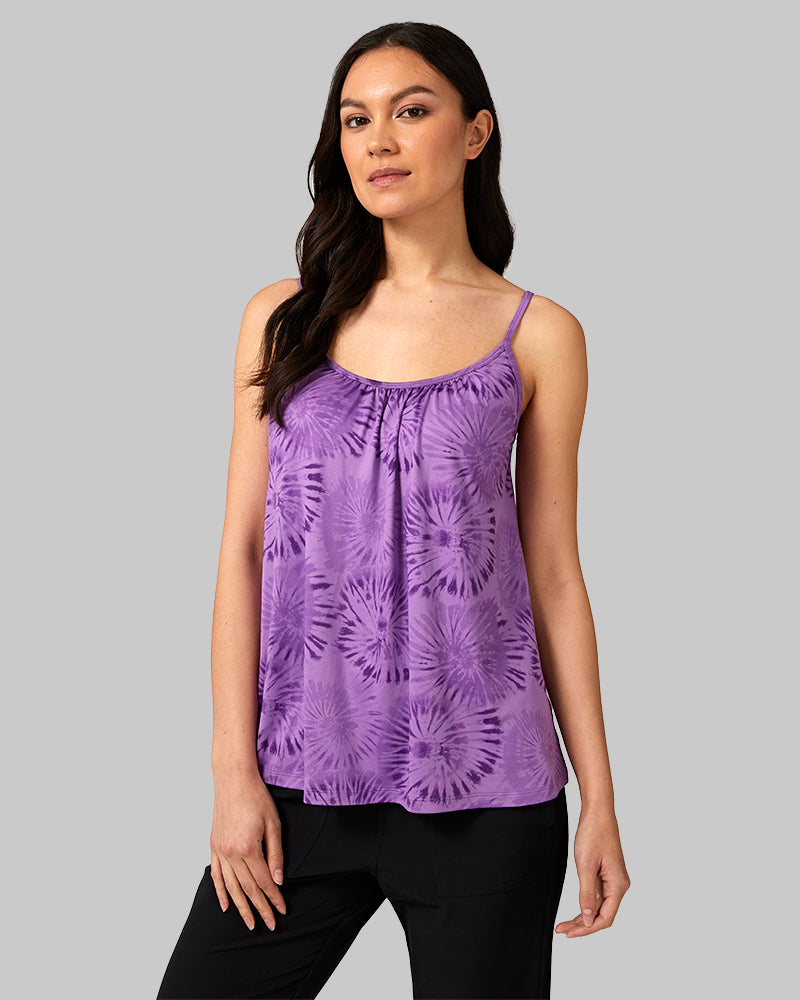32 Degrees Light Dewberry Tie Dye _ Womens Cool Printed Flowy Bra Cami {model: Larosey is 5'9" and size 2, wearing size S}{bottom}{right} {bottom}{right}32 Degrees Lapis Tie Dye _ Womens Cool Printed Flowy Bra Cami {model: Julie is 5'9" and size 6-8, wearing size S}{bottom}{right} {bottom}{right}