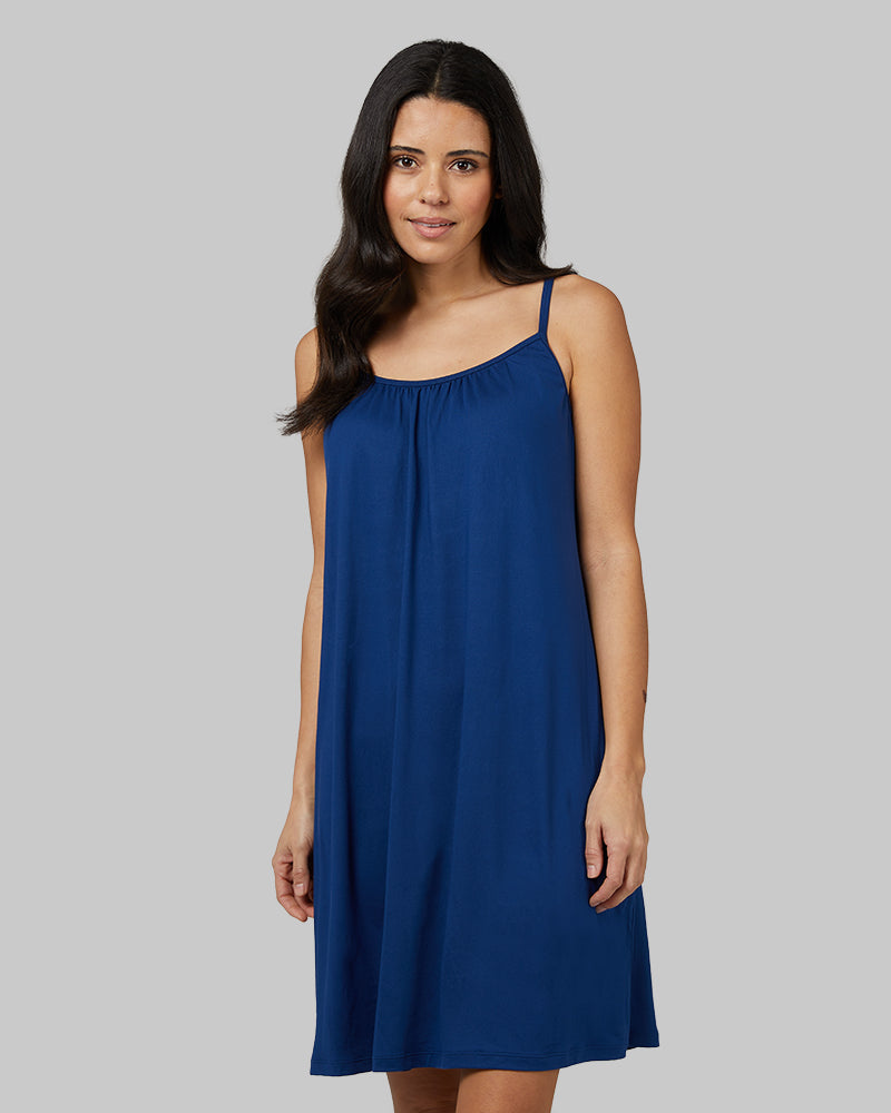 32 Degrees Estate Blue _ Womens Cool Flowy Bra Dress {model: Hali is 5'9" and size 4, wearing size S}{bottom}{right} {bottom}{right}