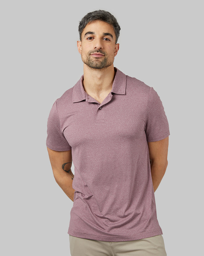 32 Degrees Pomegranate Heather _ Mens Cool Classic Polo {model: Daniel is 6'2", wearing size M}{bottom}{right} {bottom}{right}