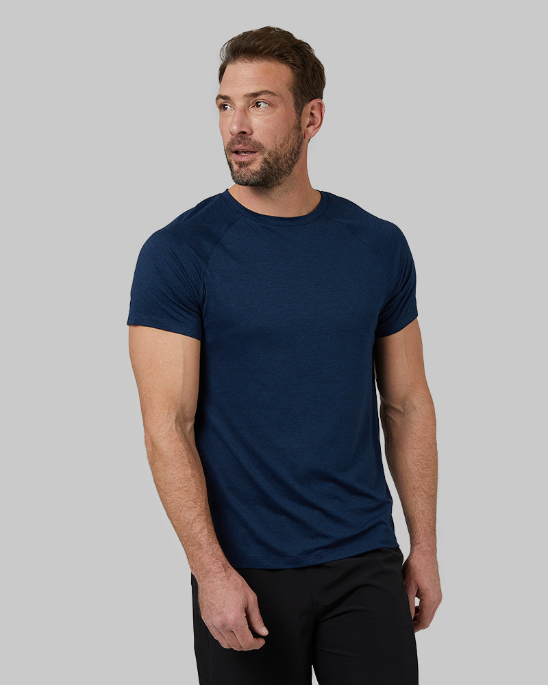 32 Degrees Navy Space Dye _ Mens Cool Active T-Shirt {model: Cedric is 6'1.5", wearing size M}{bottom}{right} {bottom}{right}