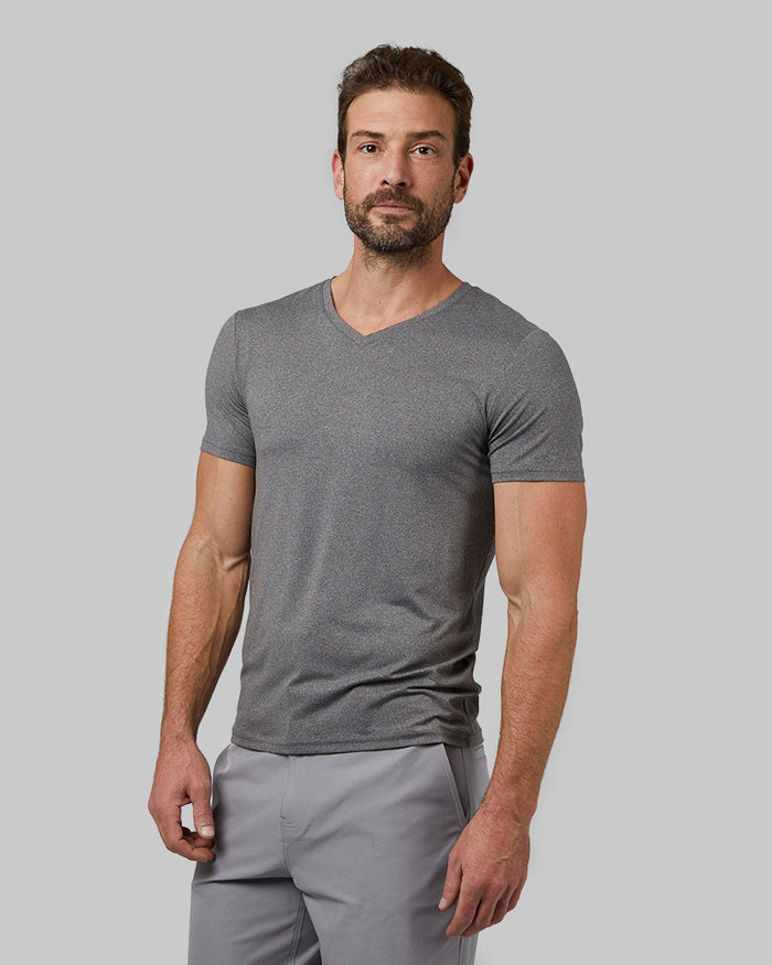 32 Degrees Grey Heather _ Men's Cool Classic Vneck T-Shirt {model: Cedric is 6'1.5", wearing size M}{bottom}{right}{bottom}{right}