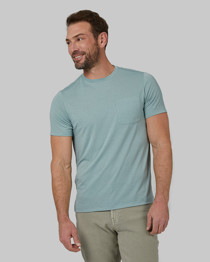 32 Degrees Dusty Mint _ Mens Everyday Crew Pocket T-Shirt {model: Cedric is 6'1.5", wearing size M}{bottom}{right} {bottom}{right}