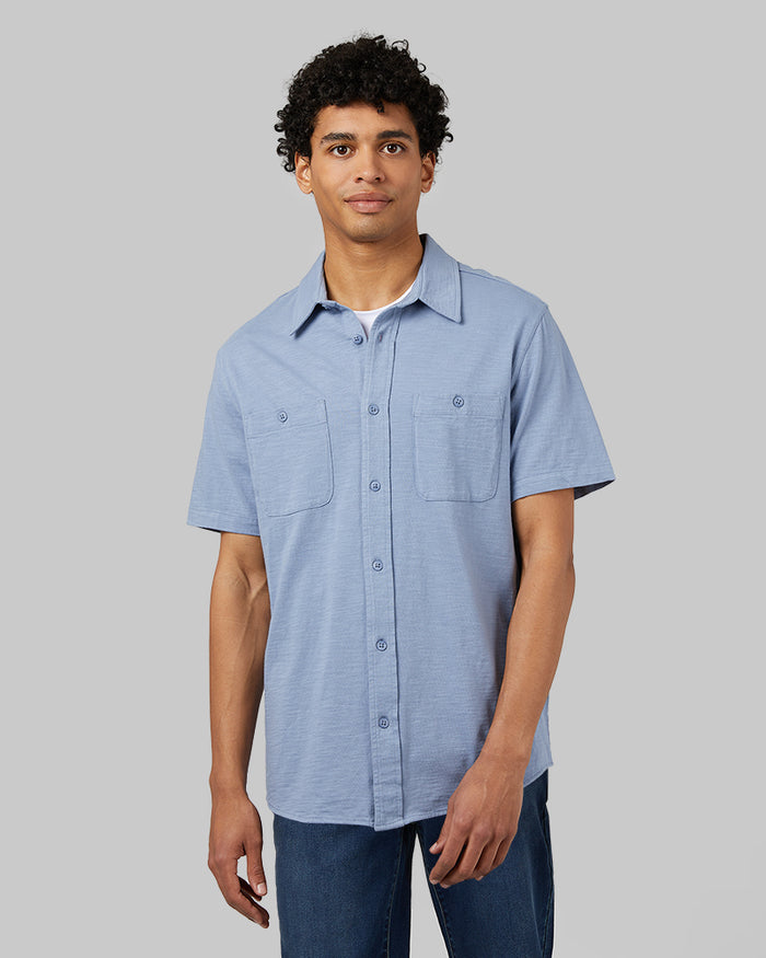 32 Degrees Fresco Blue _ Mens Cotton Button-Up Shirt {model: Isaiah is 6'2", wearing size M}{bottom}{right} {bottom}{right}