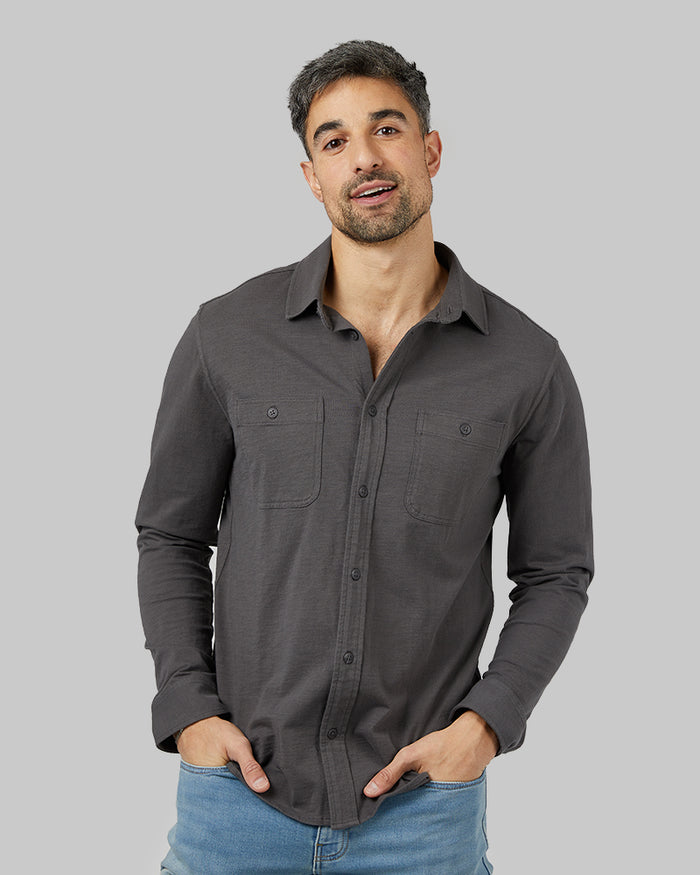 32 Degrees Iron _ Mens Cotton Long Sleeve Button-Up Shirt {model: Daniel is 6'2", wearing size M}{bottom}{right} {bottom}{right}