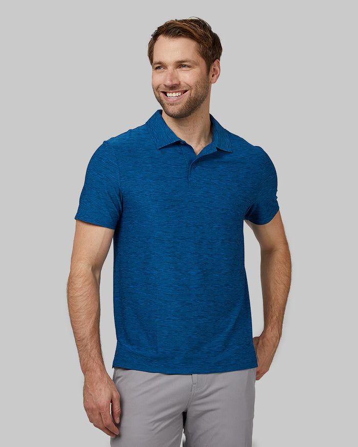32 Degrees Diva Blue Heather _ Mens Active Stripe Polo {model: Kacey is 6'2", wearing size M}{bottom}{right} {bottom}{right}