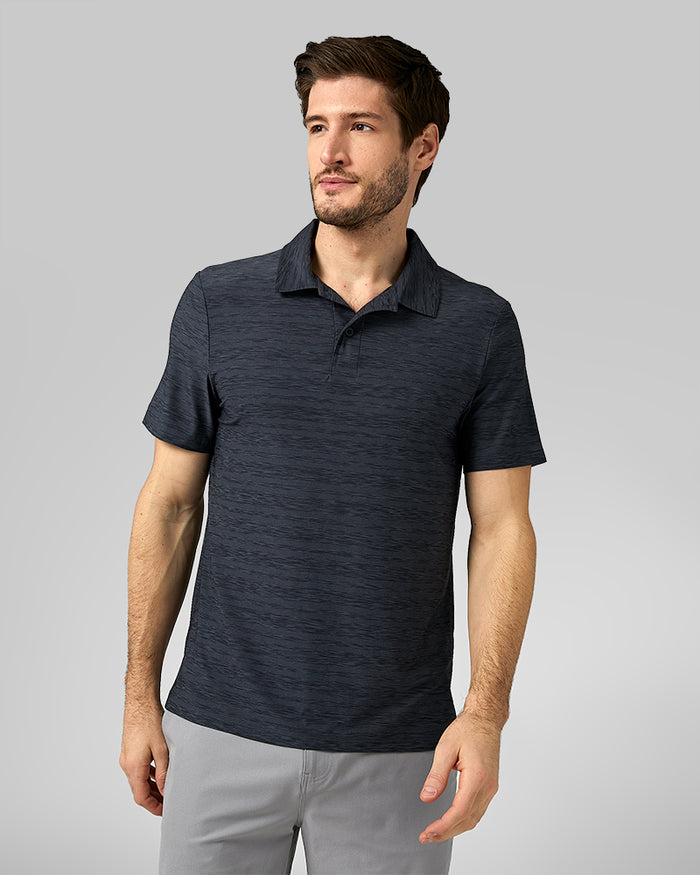 32 Degrees Stingray Heather _ Mens Active Stripe Polo {model: Ryan is 6'1", wearing size M}{bottom}{right} {bottom}{right}