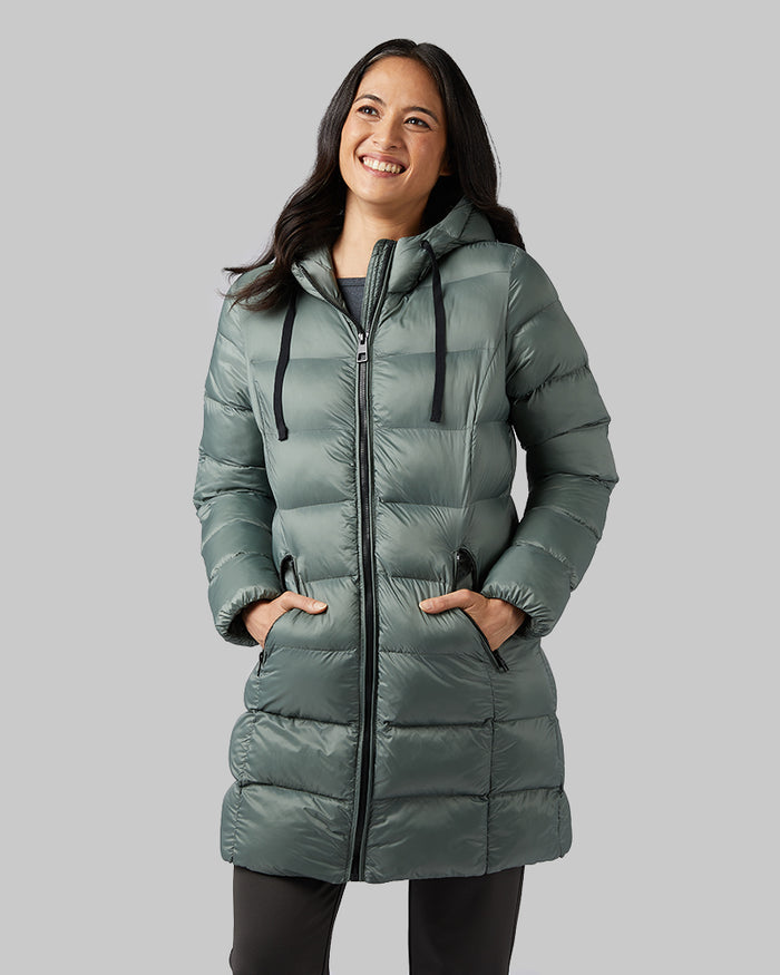 32 Degrees Agave Green _ Women's Poly-Fill 3/4 Coat {model: Mariana is 5'8"and size 4 wearing size S}{bottom}{right} {bottom}{right}