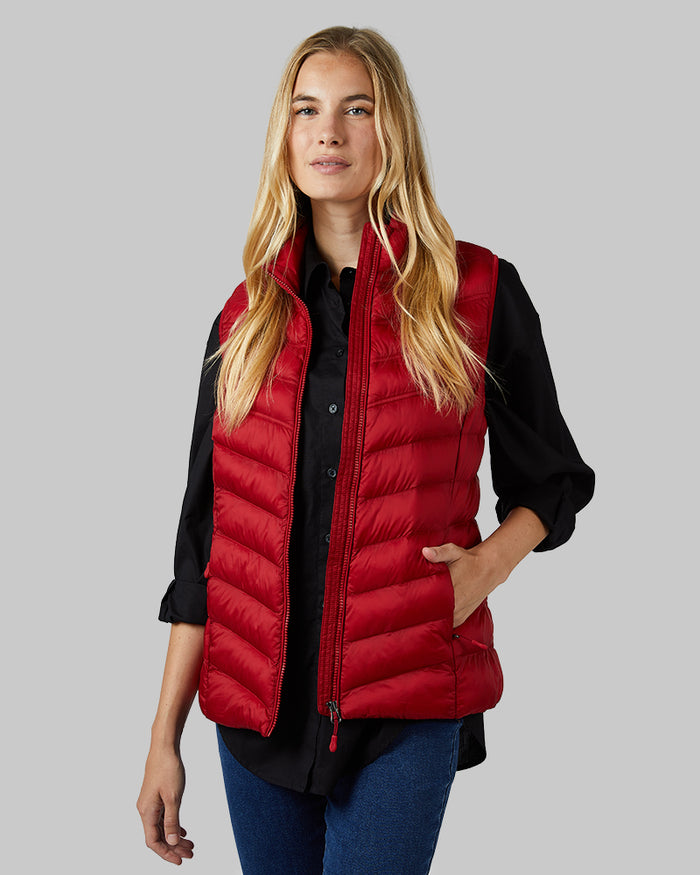 32 Degrees Chili Pepper _ Women's Lightweight Packable Vest {model: Emma is 5'10"and size 2-4 wearing size S}{bottom}{right} {bottom}{right}