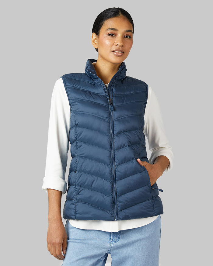 32 Degrees Moonlit Ocean _ Women's Lightweight Packable Vest {model: Lisa-Marie is 5'9"and size 2-4 wearing size S}{bottom}{right} {bottom}{right}