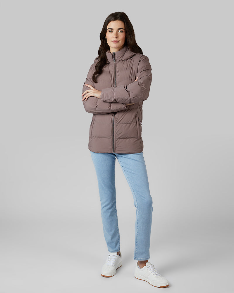 32 Degrees Iron Cocoa _ Womens Midweight Puffer Tech Jacket {model: Katie is 5