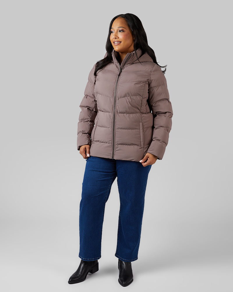 32 Degrees Iron Cocoa _ Womens Midweight Puffer Tech Jacket {model: Jeharna is 5