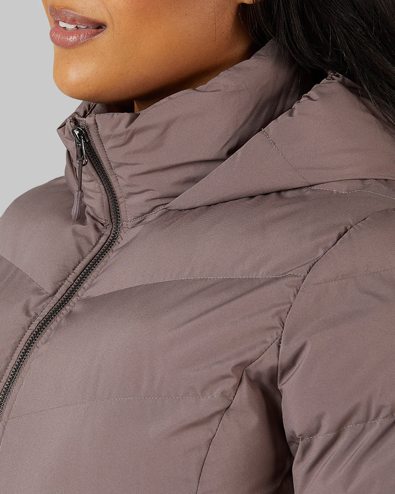 32 Degrees Iron Cocoa _ Womens Midweight Puffer Tech Jacket {model: Jeharna is 5
