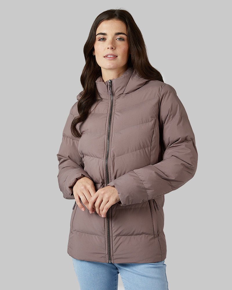 32 Degrees Iron Cocoa _ Womens Midweight Puffer Tech Jacket {model: Katie is 5