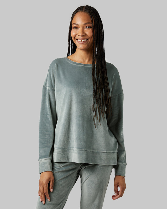 32 Degrees Space Green Grey _ Women's soft Velour Crew Top {model: Dido is 5'9"and size 4 wearing size S}{bottom}{right} {bottom}{right}