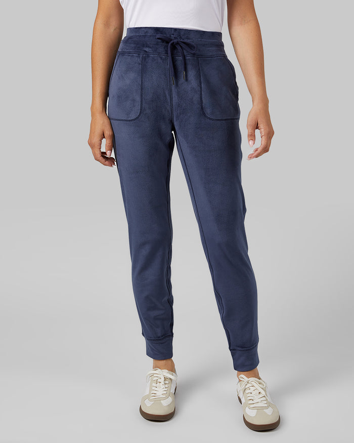 32 Degrees Night Navy _ Women's soft Velour Jogger {model: Gabrielle is 5'8"and size 4 wearing size S}{bottom}{right} {bottom}{right}