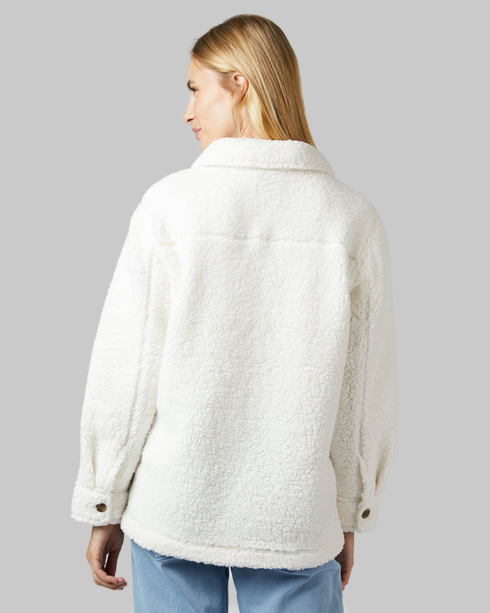 32 Degrees Cream _ Women's Cozy sherpa shirt Jacket {model: Emma is 5'10"and size 2-4 wearing size S}{bottom}{right} {bottom}{right}